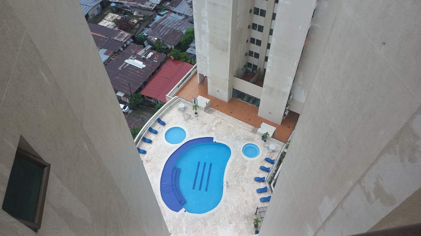 Infinity pool area with jacuzzis from above at PH Yacht Club Tower Avenida Balboa Panama