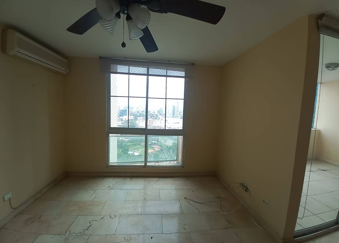 Bedroom with fan and split AC plus city window in PH Costa Pacifica Punta Pacifica Panama