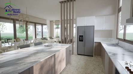 Covered patio terrace with outdoor seating area overlooking landscaped yard new house in David Panama