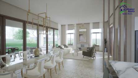 Front facade of single-story new house with covered garage and landscaped yard at Volcán David Panama