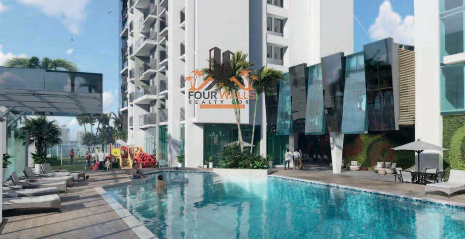Luxury condo tower with rooftop pool, lounge seating and playground the Rise Park Square