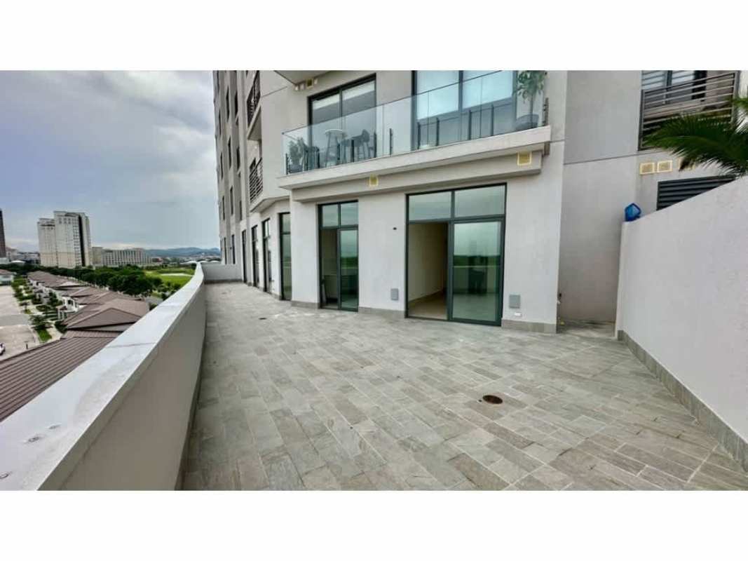 Large private terrace balcony with city and golf course views at Ocean House Santa Maria Panama