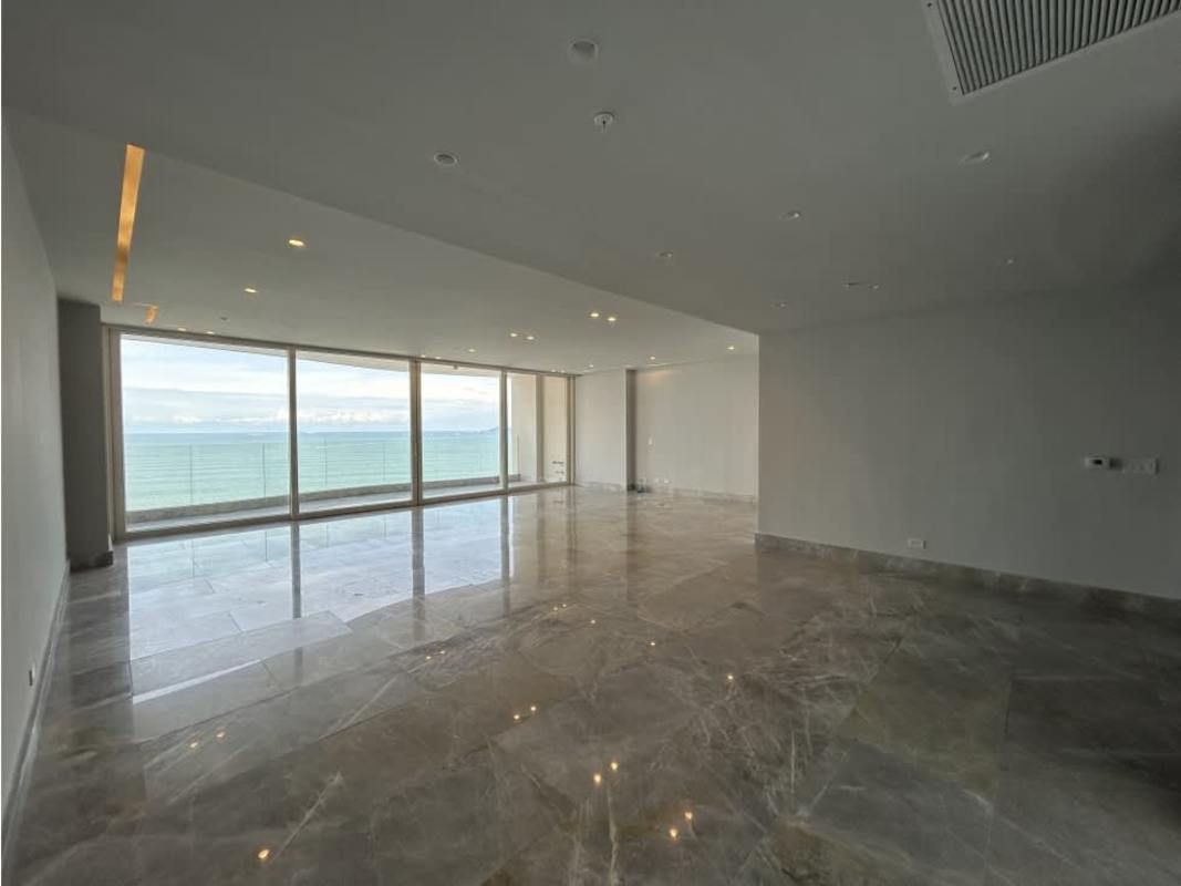 Luxury kitchen with island, stainless steel appliances, marble-style counters in PH The Towers Punta Paitilla Panama