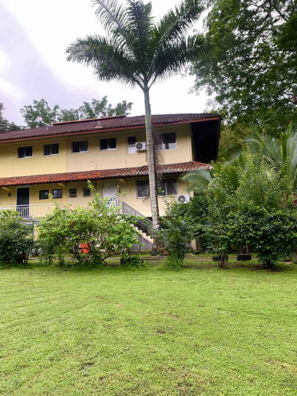Yellow two-story building red-tiled roof lush greenery palm clayton rental house panama city