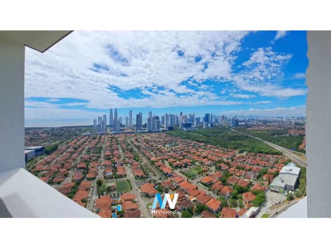 Panoramic view of Panama skyline and coastline from rooftop amenities at The Colonial