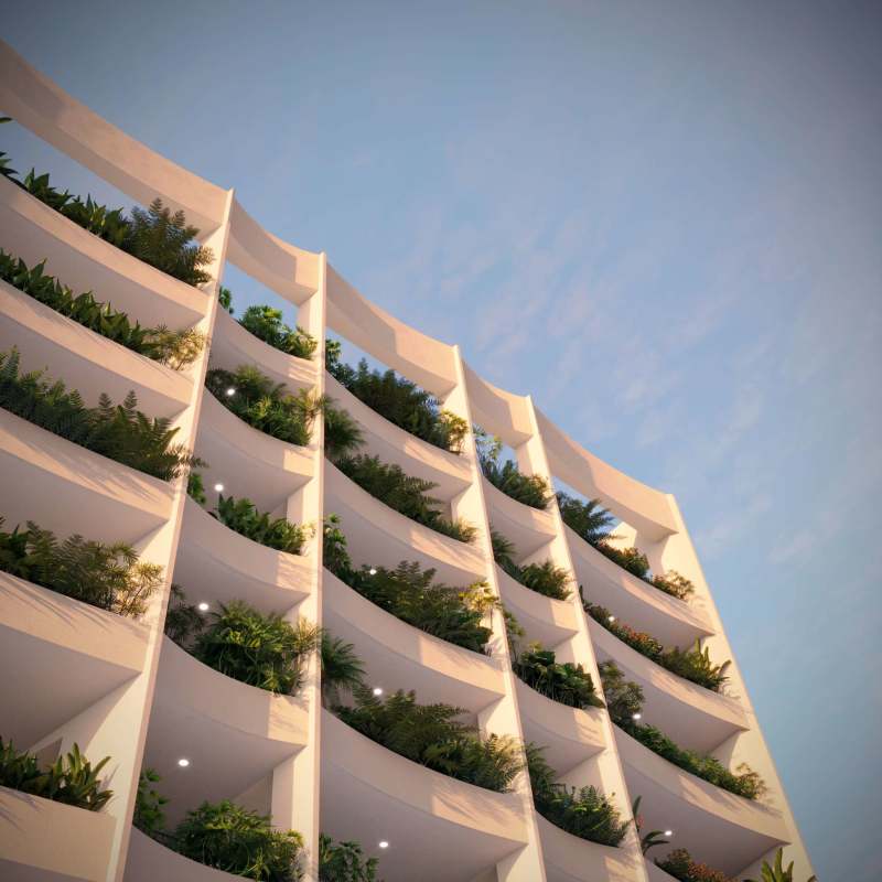 A19 condo tower facade with modern architectural design and integrated vertical gardens Coco del Mar Panama City