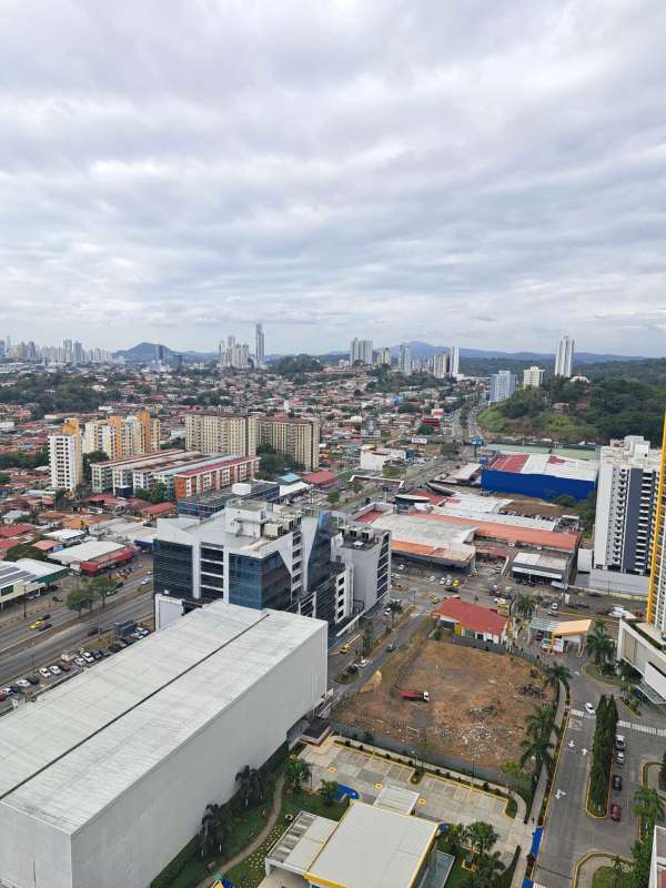 Panama City north aerial view showing city skyline and green backdrop prime location