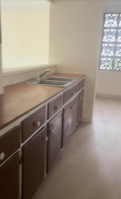 Simple kitchen with wooden cabinets and double sink in Obarrio Panama Apartment