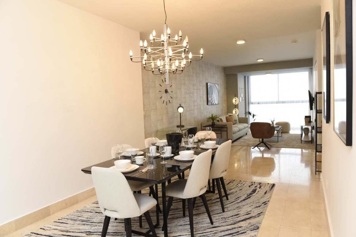 Modern marble bathroom with double sinks glass shower luxury finishes PH Yoo by Starck Panama City