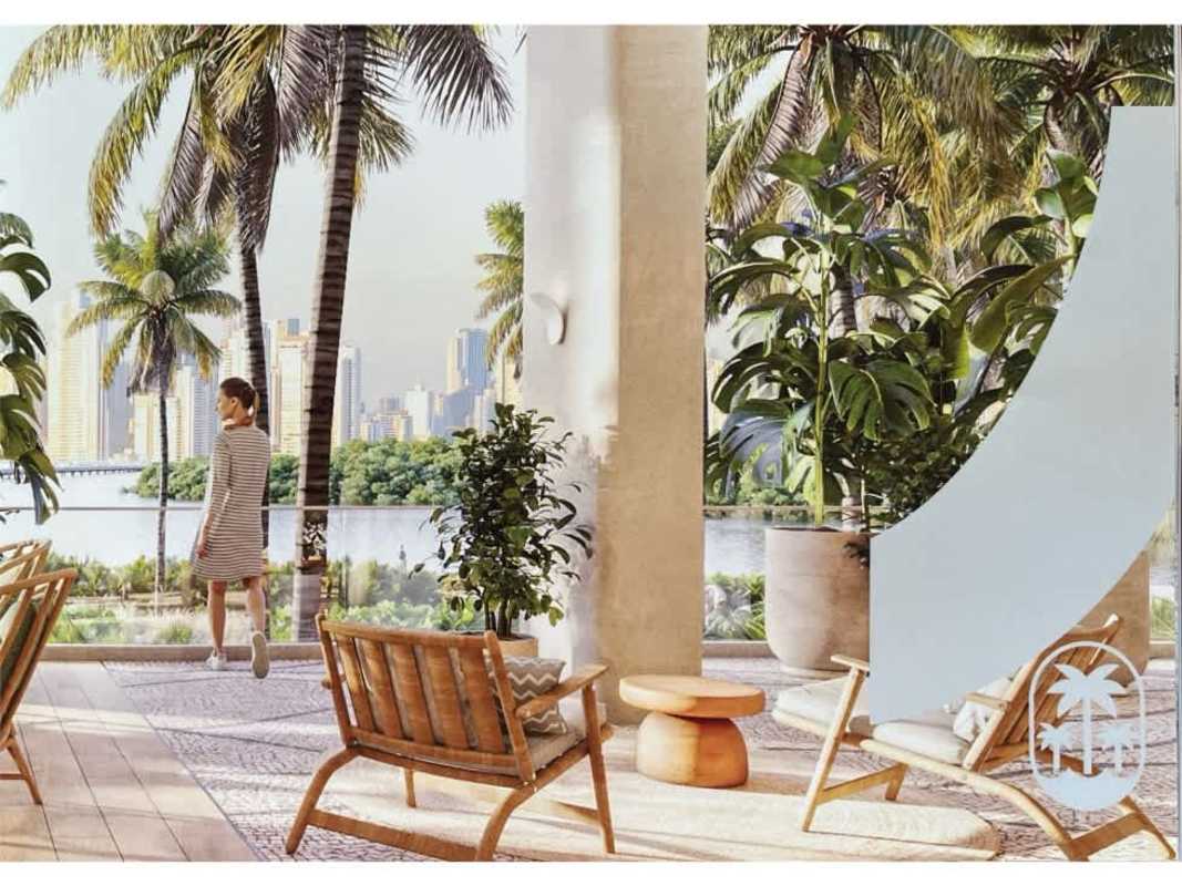 Panoramic terrace with tropical plants and skyline beyond Costa Mar PH Ipanema Panama City