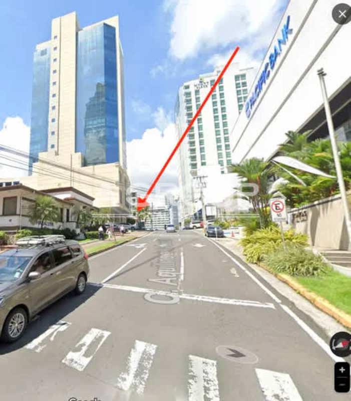 Street view of modern towers and retail buildings in Bella Vista Panama banking district