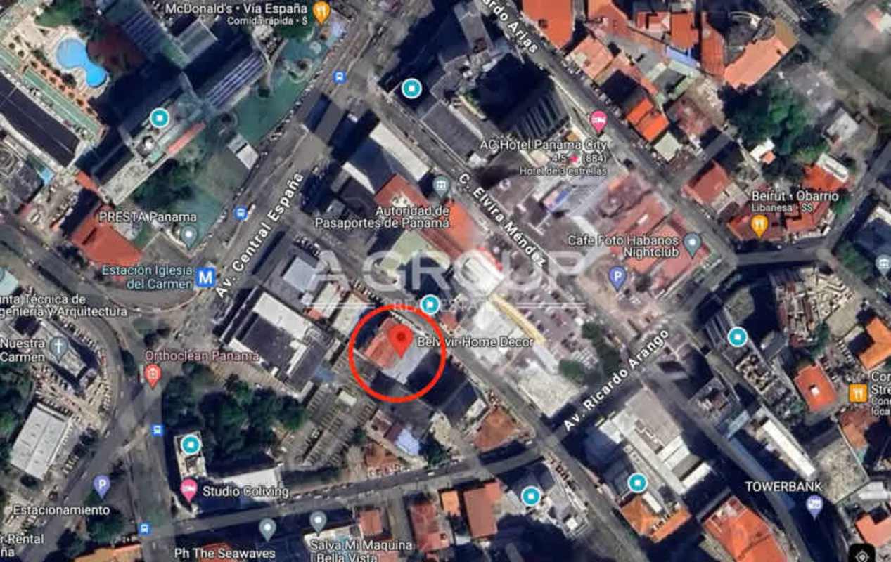 Aerial shot of Bella Vista with highlighted commercial lot near financial center in Panama City