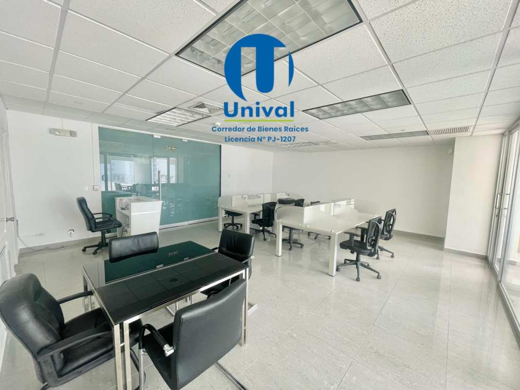 Modern furnished office with multiple desks and natural light at Torre Global Bank