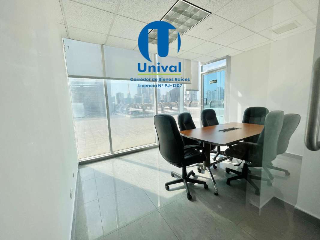Private office space furnished with modern desks and city views in Torre Global Bank Panama