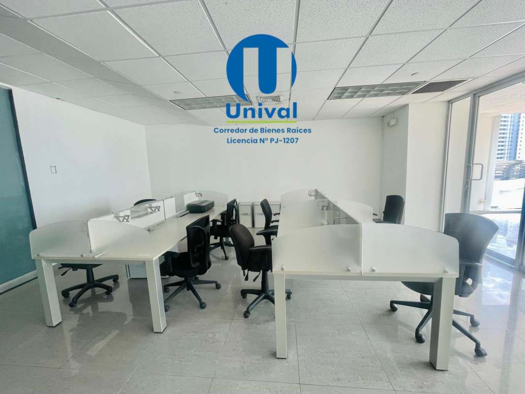 Open workspace with glass partitions and large windows in Torre Global Bank Panama