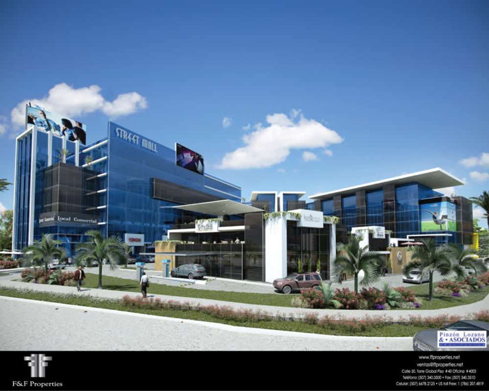 Modern glass facade commercial complex Street Mall at Punta Paitilla with parking and signage