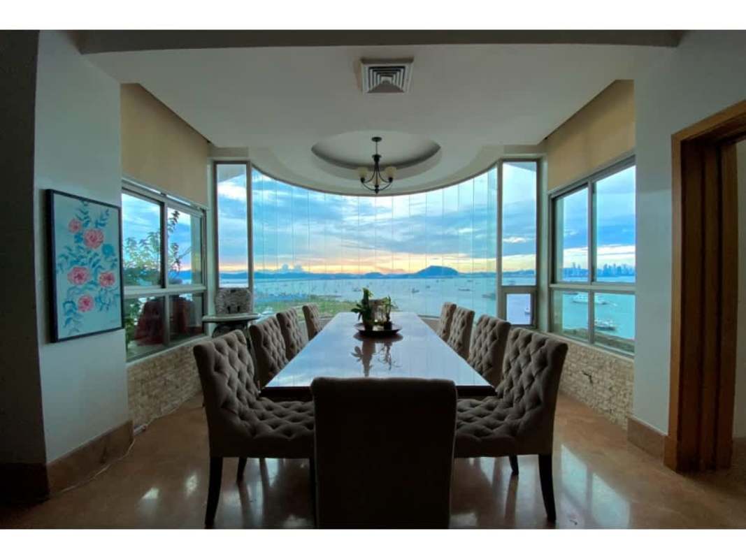 Balcony view with marina, ocean, and Panama City skyline from PH Amador Heights