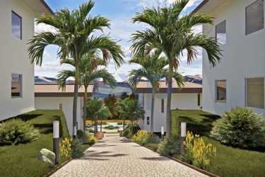 Infinity pool surrounded by sun loungers, umbrellas and palm trees at Bougainvillea Villas Venao Panama