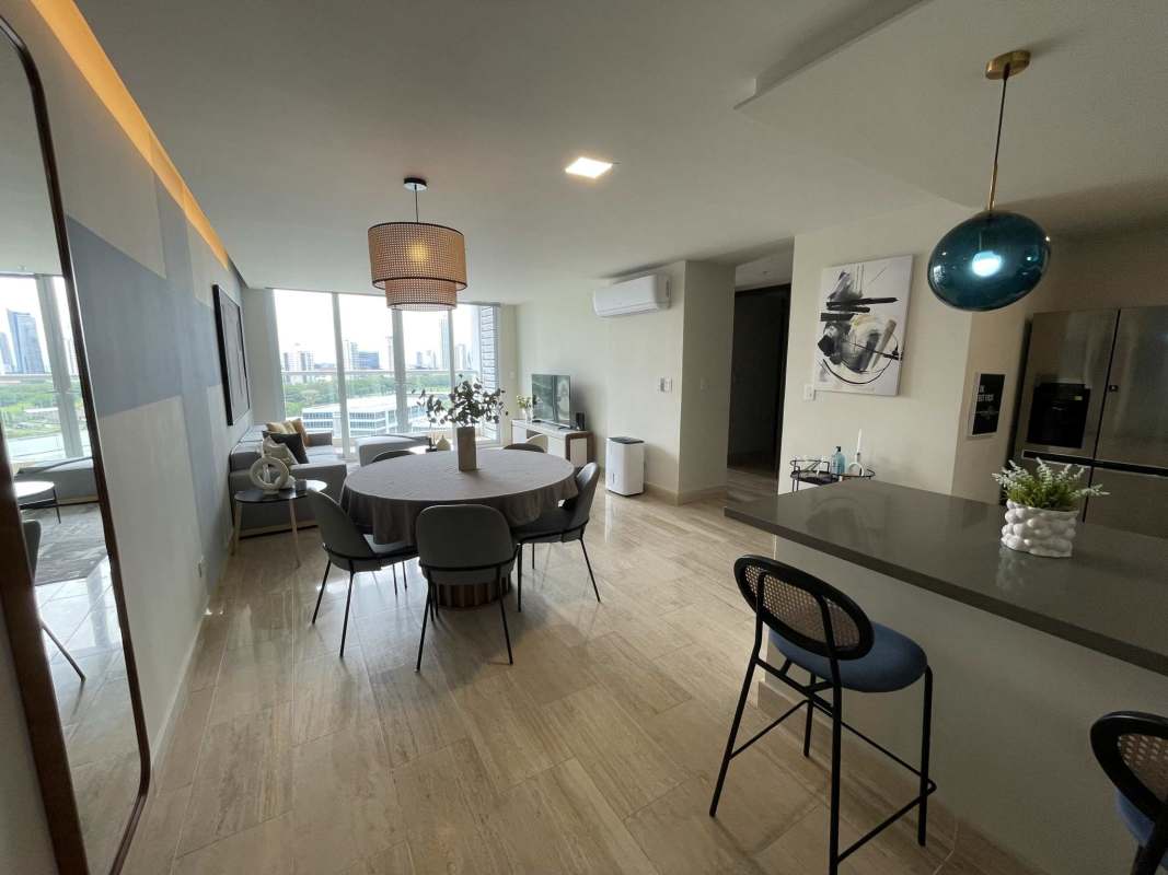 Open concept kitchen with dining area and ceramic floors Costa del Este Panama rental