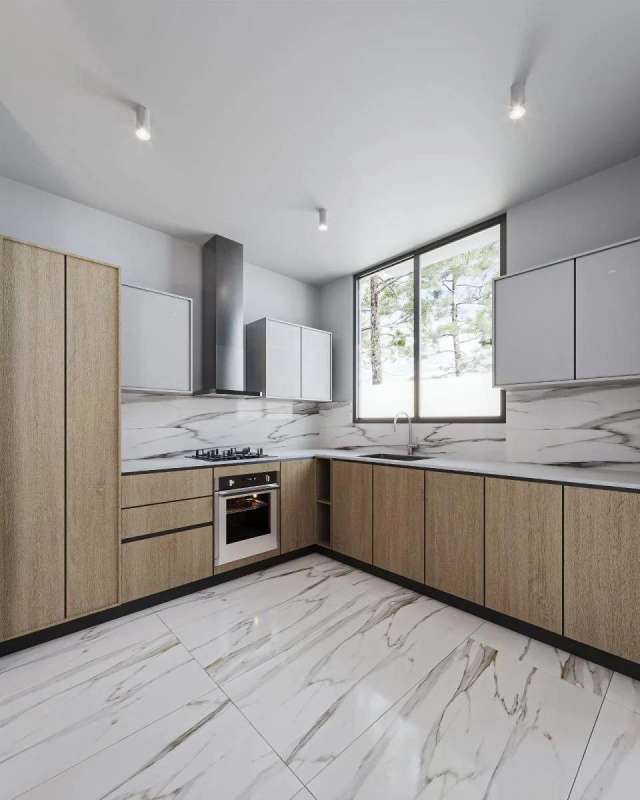 Spacious kitchen with quartz surfaces, built-in oven, extractor, natural light in Clayton Panama