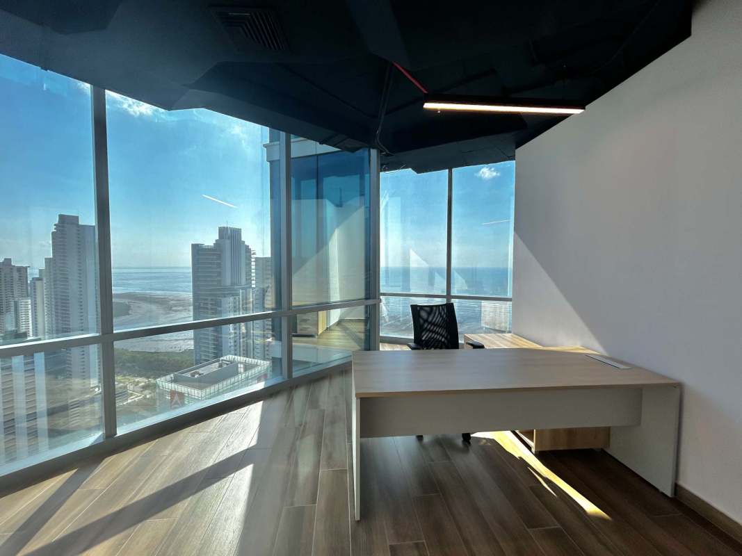 Panoramic city skyline from furnished office in Costa del Este Financial Park