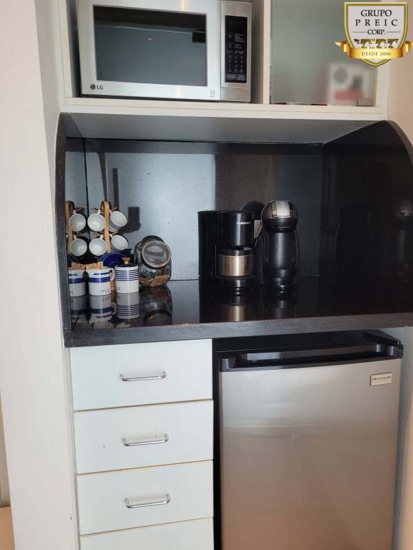 Compact kitchenette inside office with coffee station at Oceania Business Plaza Tower 2000 Panama