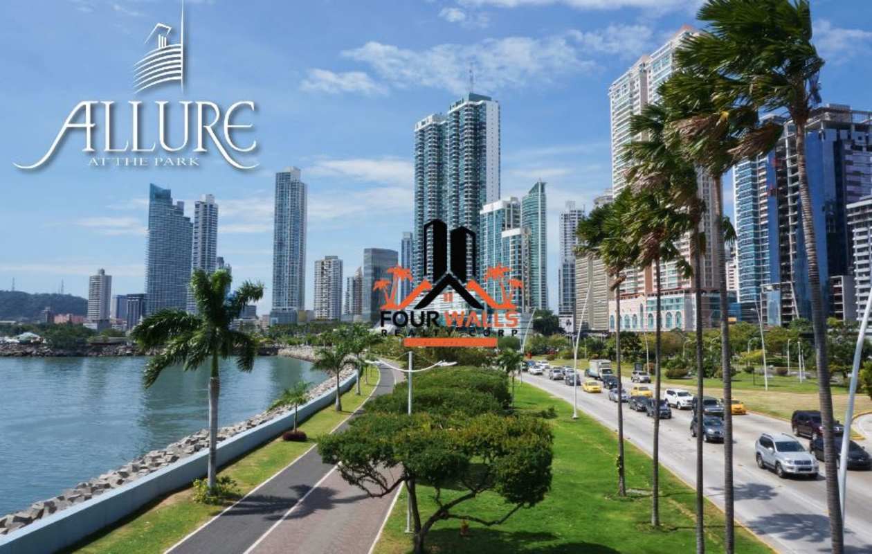 Tall luxury condo tower with curved glass balconies in Panama City Bella Vista