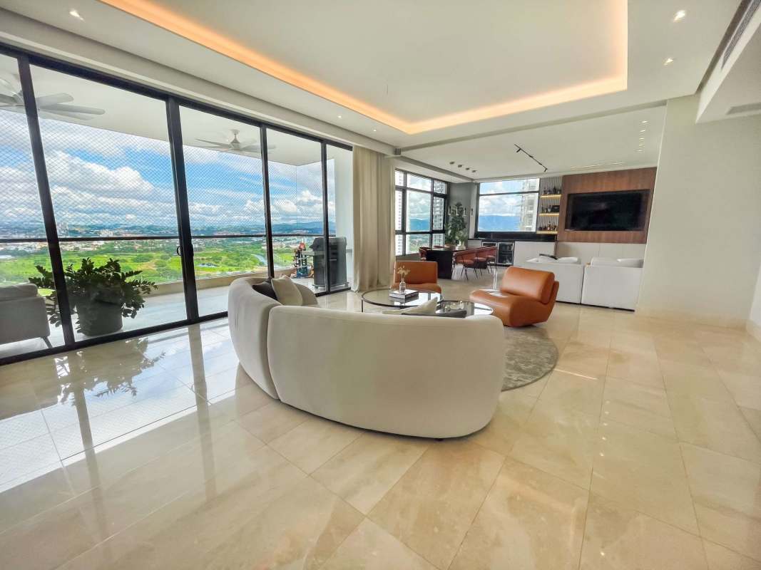 Modern luxury kitchen with central island, large windows, sleek cabinetry PH Albatross Santa Maria