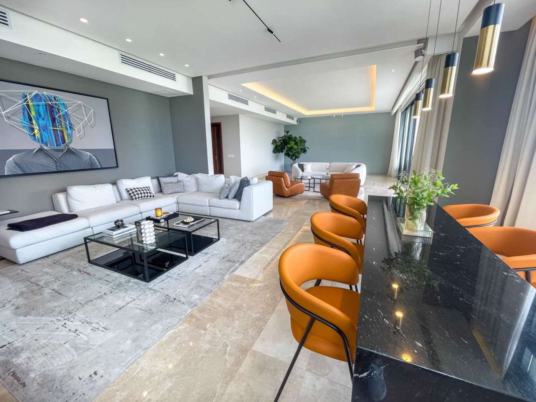 Modern living room wide windows, panoramic views in PH Albatross Santa María Golf Panama