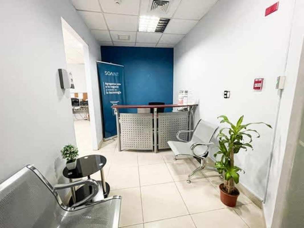 Bright office reception with blue accent wall in PH Banesco Tower Panama