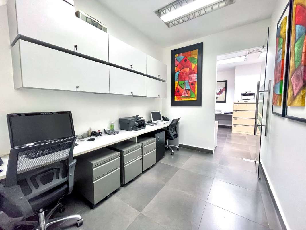Contemporary kitchenette with fridge, microwave, cabinetry inside PH Office One Panama