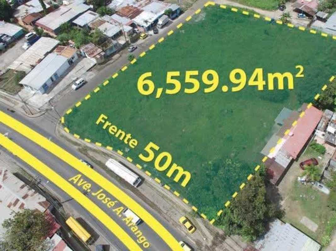 Marked 6559.94m² commercial plot with 50m frontage on Ave José Ariango for sale in Panama City