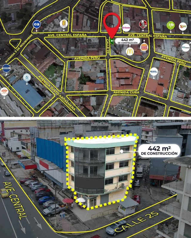 Aerial map and building with 442 sqm construction area highlighted at Panama City Calidonia