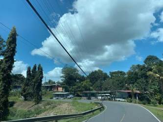 Curved paved road adjacent to vacant green land in Bique Panama