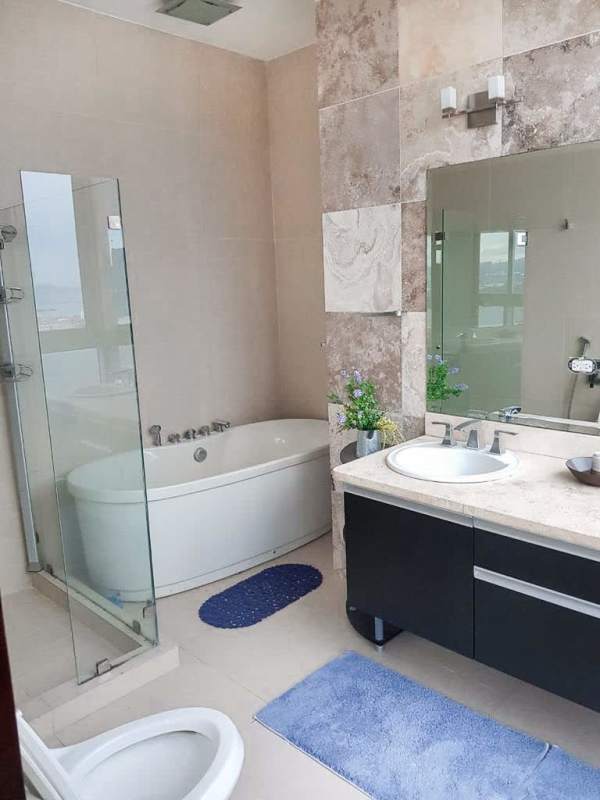 Dusk panorama from balcony overlooking Pacific Ocean and skyline PH Rivage Panama