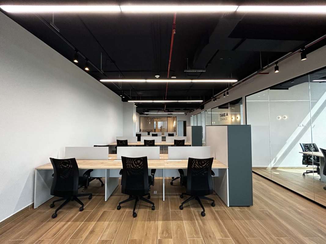 Furnished office with glass dividers city skyline view Tower Financial Center Panama