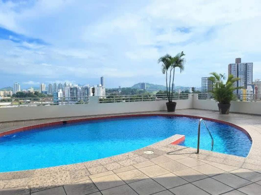 Rooftop playground with swings slide overlooking city skyline PH Sky Level Panama