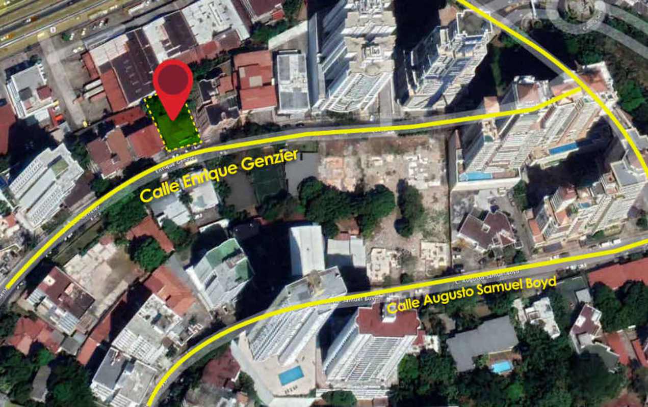 Urban planning map satellite view highlighting commercial development lot in El Cangrejo Panama City