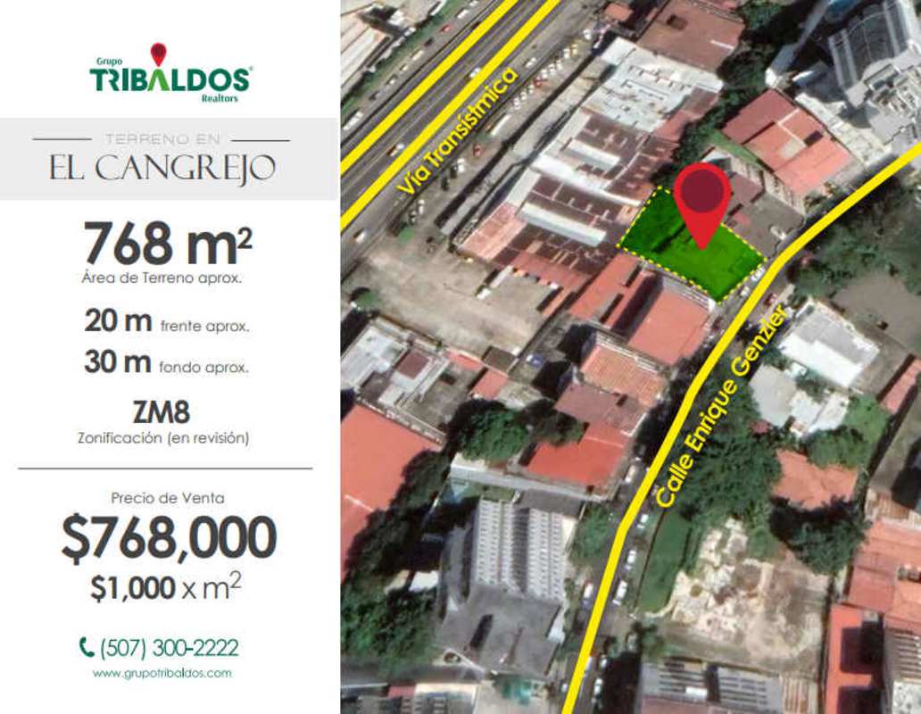 Aerial view of 768 m2 commercial property highlighted in red with labeled streets in El Cangrejo Panama City