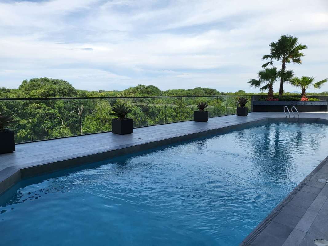 Rooftop swimming pool with lush green views at Empire Residences Santa María Panama