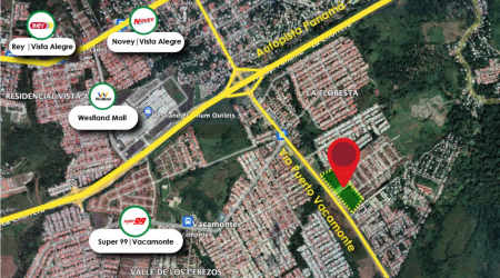 Satellite view pinpointing development land location near residential areas and shopping Vacamonte Panama