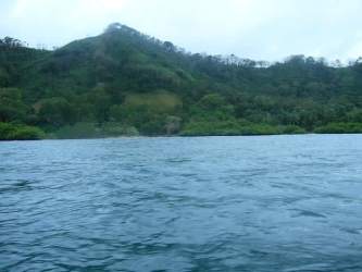 Green hills adjacent to calm Caribbean waters ideal for development in Puerto Lindo, Panama