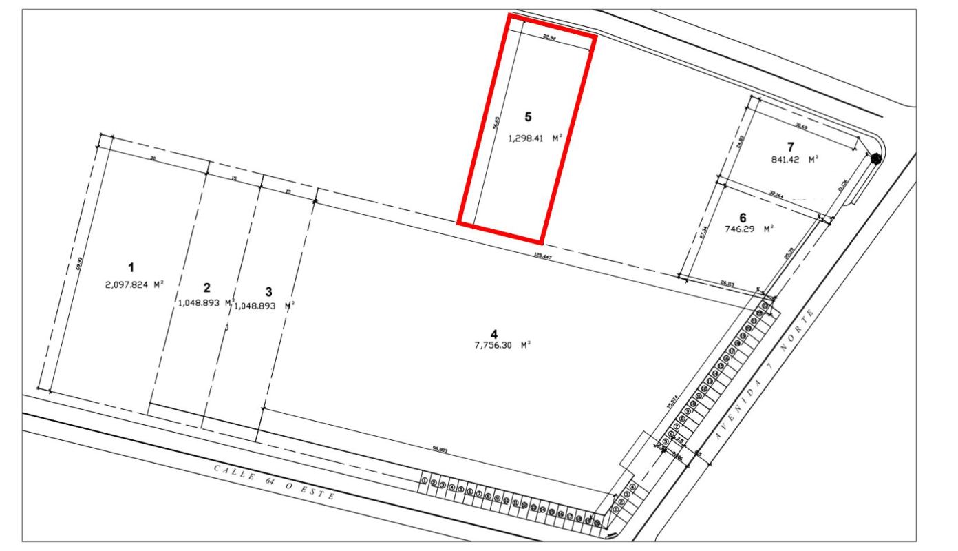 Architectural site plan highlighting 1,298m2 commercial lot Los Angeles Betania