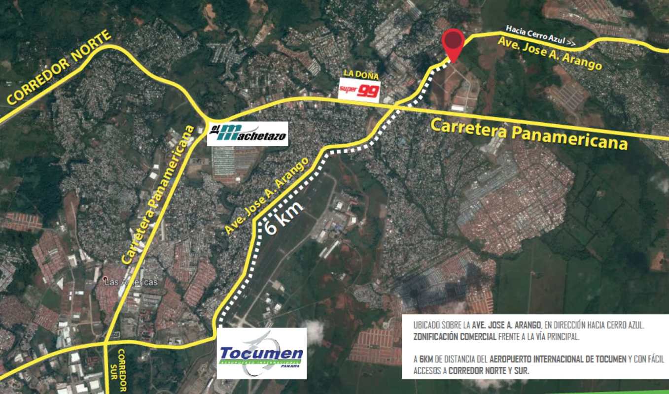 Map pin location highlighting commercial/industrial lot in Tocumen area near airport and major highways