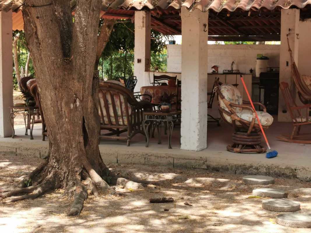 Covered rustic patio with outdoor sink, hammock, garden views near Santa Clara beach Panama
