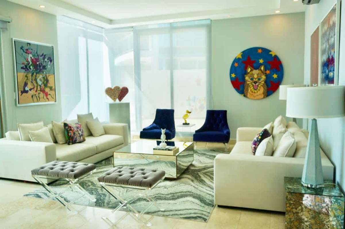 Private balcony with outdoor lounge seating and Pacific Ocean views in Pacific Village Tower 2 Punta Pacifica Panama