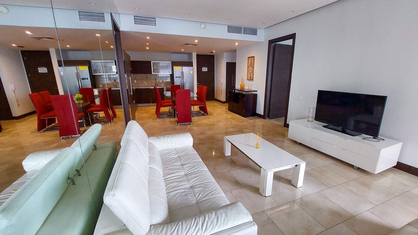 Open plan modern luxury apartment kitchen dining living JW Marriott