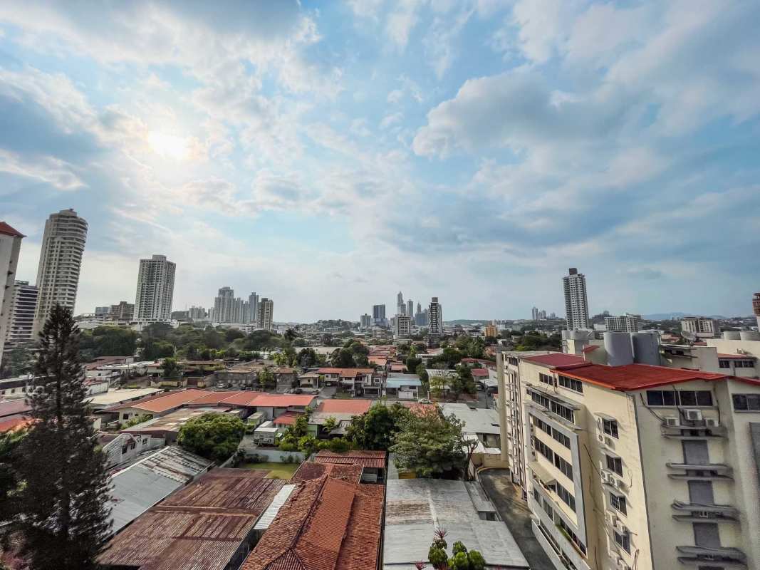 Aerial photo of El Carmen with many condos, trees and skyline Panama City