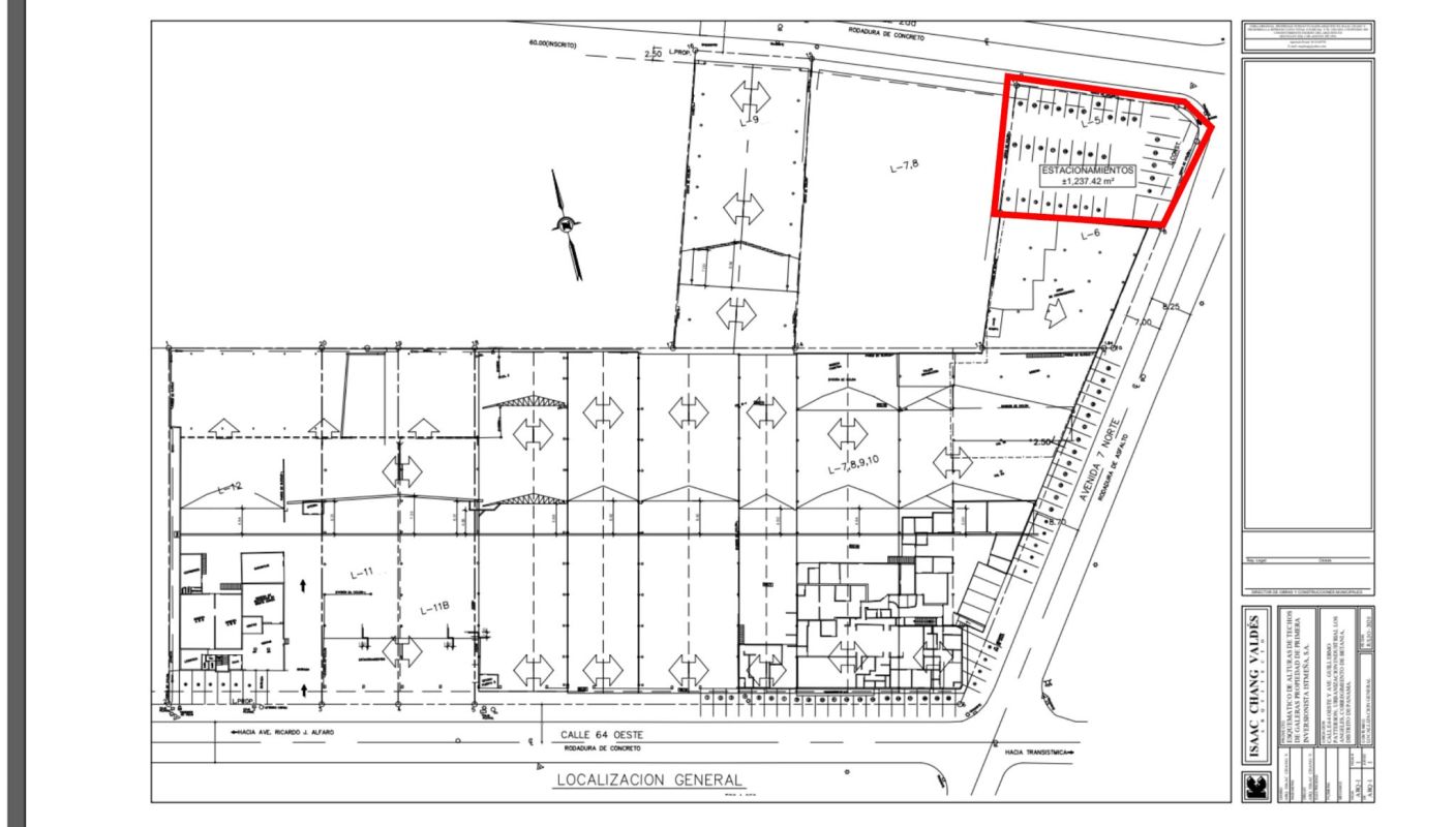 Architectural layout highlighting parking and lot divisions of commercial land in Los Ángeles Panama