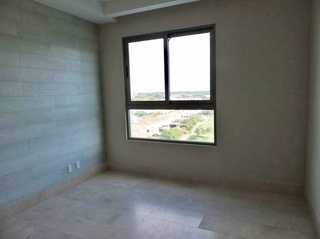 Bright open-plan living dining area with balcony and skyline view in PH Greenview Residences Santa Maria Panama